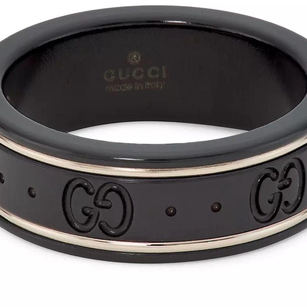 Authentic GUCCI Icon 18K White Gold & Black Synthetic Corundum Ring SZ 15-Unisex